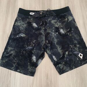 MCD Core Is Raw Board Shorts Trunks Bird Print  Pocket Surf Swim